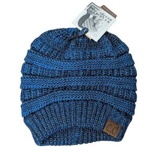 CC Exclusives Beanie Tail Metallic Dark Denim Blue Knit Hat Ponytail Messy Bun